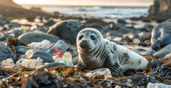 Baby seal amidst trash